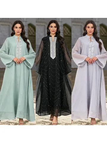 Robe Maxi Abaya Élégante en Maille de Polyester pour Femmes Kaftan Turc Avec Motif de Vagues en Strass Perlé Robe de Soirée
