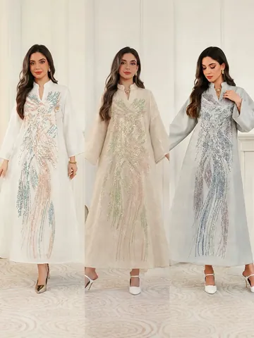Women Elegant V-Neck Long Dress Polyester Heavy Beading Sequin Patchwork Abaya Kaftan Malaysian Style Ethnic Party Maxi Dress