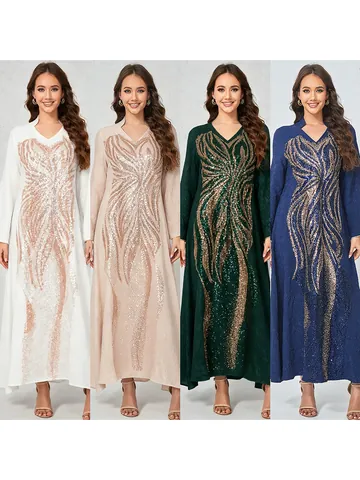 Elegant Women Polyester Sequin Applique Maxi Dress Ethnic Heavy Work Patchwork Long Sleeve Evening Party Dress