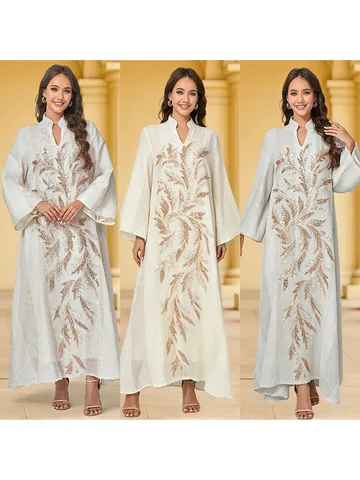 Women Elegant Beaded Applique Maxi Dress Kaftan Long Sleeve Banquet Party Evening Gown Middle Eastern Style Robe