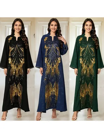 Women Elegant Butterfly Embroidery Sequin Maxi Dress Heavy Work V Neck Long Sleeve Party Evening Gown Long Dress