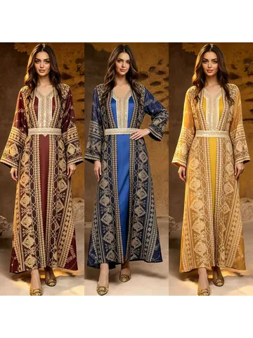 Elegant Embroidered Maxi Dress Top And Bottom For Women Muslim Kaftan Abaya Belt Ethnic Style Robe Party Banquet Clothing