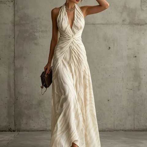 Vestito da Donna Vacanza Francese Elegante Scollo a V Plissettato Nodo Intrecciato Maxi Vestito Senza Maniche Stampa Zebra