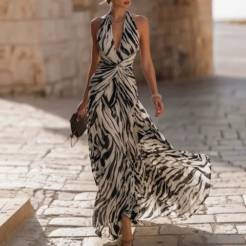 Vestito da Donna Vacanza Francese Elegante Scollo a V Plissettato Nodo Intrecciato Maxi Vestito Senza Maniche Stampa Zebra