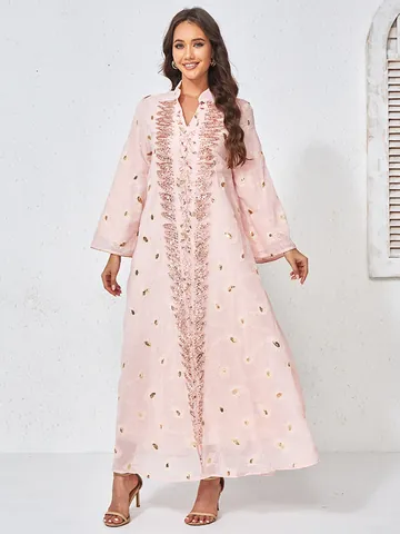 Women Embroidered Mesh Beaded Kaftan Maxi Dress Long Sleeve Floral Sequin V Neck Loose Bohemian Gown For Vacation Party Evening