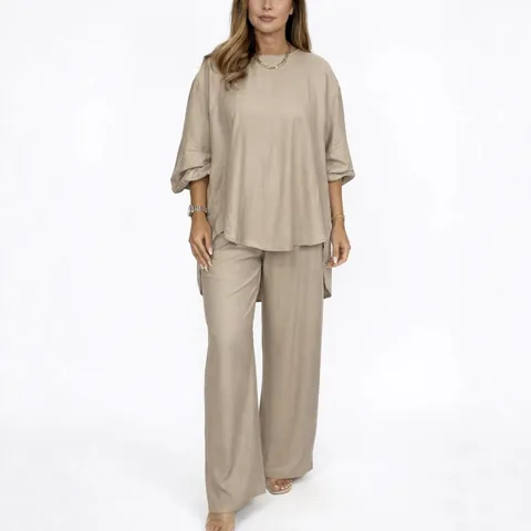Set Top And Bottom Donna Casual in Poliestere a Girocollo Testurizzato Maglia a Maniche Lunghe e Pantaloni a Gamba Larga