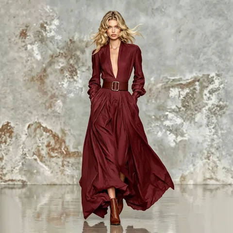 Elegante Vestido Largo de Manga Larga para Mujer Acabado Satinado Cuello en V Color Sólido Dobladillo de Gran Vuelo Vestido Largo Holgado Con Cinturón para Fiesta Uso Diario