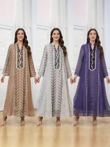 Women Ethnic Style Mesh Sequin Beaded Embroidered Maxi Dress Long Sleeve Elegant Kaftan Abaya Banquet Dress