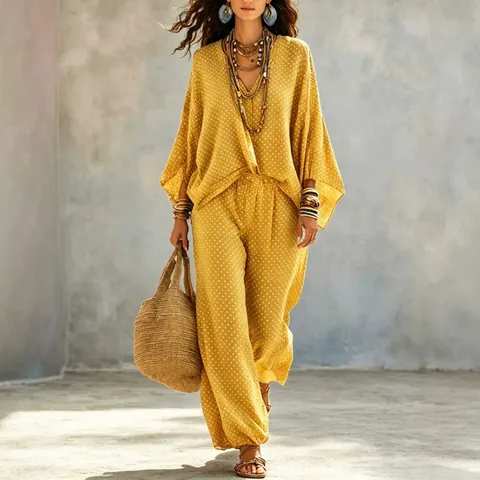 Women Top And Bottom Polka Dot Print Batwing Sleeve V-Neck Loose Vintage Casual Spring Autumn Two Piece Pants Set Outfit