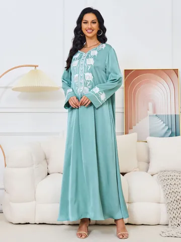 Vestido Largo Elegante de Poliéster Estampado Floral Manga Larga Estampado en Caliente Strass Estilo Étnico Vestido Abaya Con Cinturón