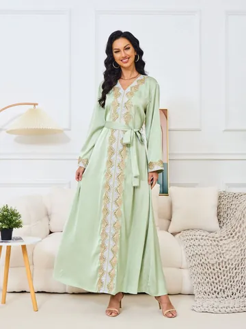 Women Elegant V-Neck Long Sleeve Maxi Dress Polyester Hot Drilling Ethnic Large Swing Party Kaftan Dress With Belt