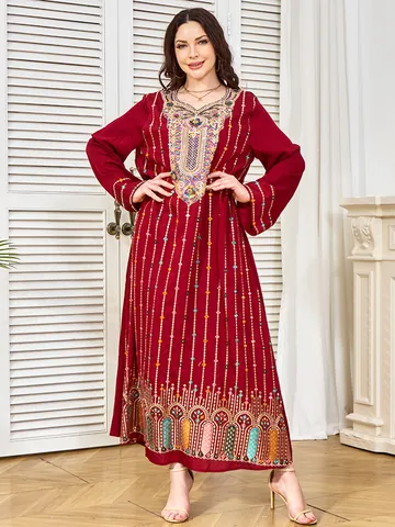 Robe Longue de Style Ethnique pour Femmes Brodée de Paillettes Élégante Robe de Soirée à Manches Longues en Polyester