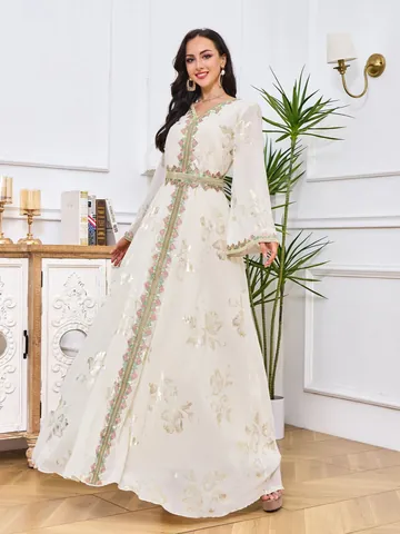 Elegant Women Polyester Ethnic Bronzing Maxi Dress V-Neck Long Sleeve Kaftan Abaya With Belt For Wedding Party Formal Event