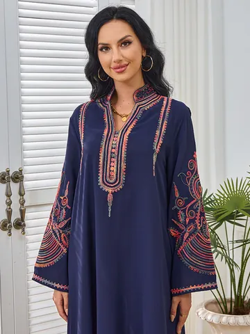 Women Ethnic Embroidered Maxi Dress Long Sleeve Bohemian Abaya Style V Neck Elegant Party Evening Gown Polyester Dress