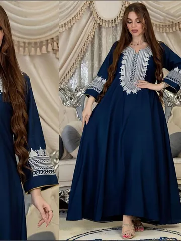 Robe Kaftan Ethnique Brodée d'Asie du Sud-Est pour Femmes Col en V Manches Longues Polyester Maxi Abaya pour Banquet Fête Mariage
