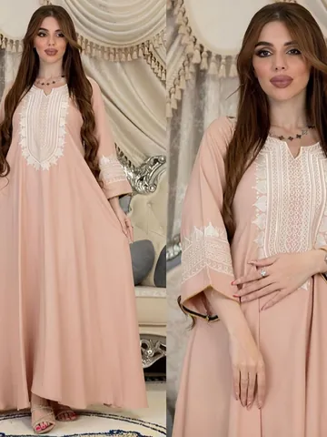 Robe Kaftan Ethnique Brodée d'Asie du Sud-Est pour Femmes Col en V Manches Longues Polyester Maxi Abaya pour Banquet Fête Mariage