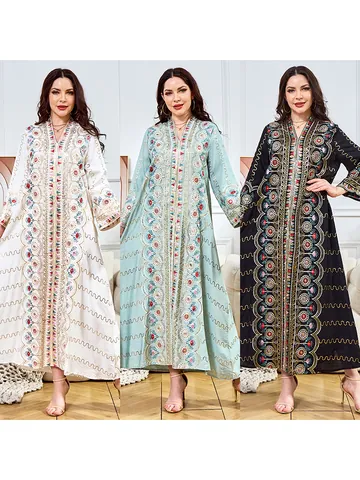 Bohemian Embroidered V-Neck Maxi Dress For Women Ethnic Sequined Long Sleeve Kaftan Abaya Loose Banquet Party Dress