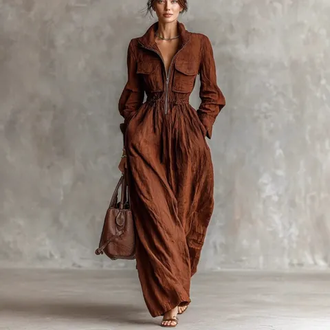 Franse Stijl Dames Maxi Jurk Rits Revers Elastische Taille Lange Mouwen Polyester Gekreukeld Elegant Vakantie Lange Jurk