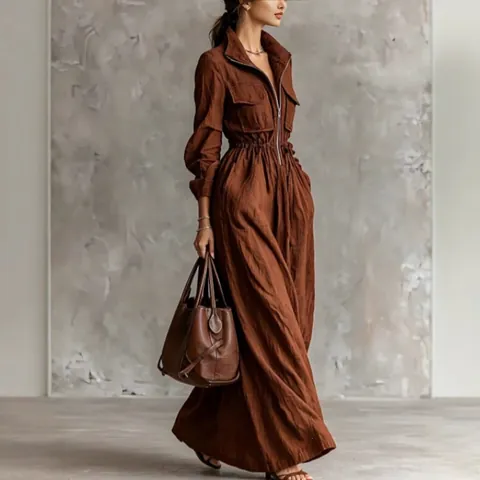 Franse Stijl Dames Maxi Jurk Rits Revers Elastische Taille Lange Mouwen Polyester Gekreukeld Elegant Vakantie Lange Jurk