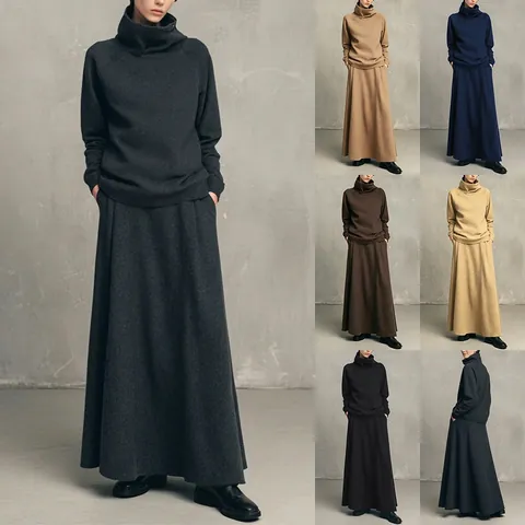 Women Minimalist Polar Fleece Top And Bottom Two Piece Set Solid High Neck Hoodie Flared Skirt Casual Autumn Winter Outfit