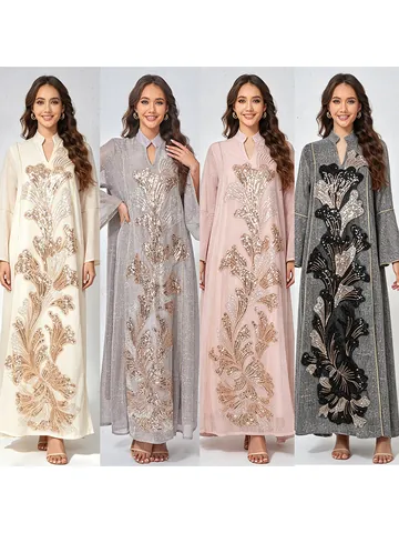 Robe Longue de Luxe en Polyester avec Broderie à Paillettes Manches Cloches Col Montant Abaya Kaftan Mode Femme