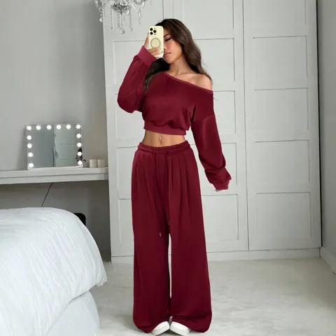 Women Off Shoulder Long Sleeve Crop Top And High Waist Wide Leg Pants Casual Sweatshirt Top And Bottom Pullover Outfit
