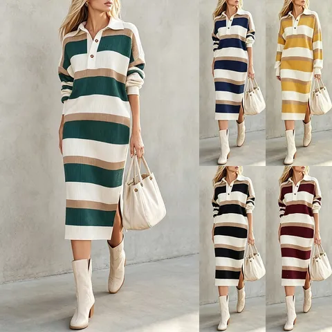Vestido de Punto Midi con Cuello Polo a Rayas para Mujer Bloques de Color Manga Larga Abertura Lateral Vestido de Suéter Casual Elegante