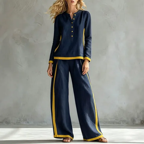 Women Top And Bottom Contrast Color Button Up Long Sleeve Cardigan And Wide Leg Pants Polyester Patchwork Casual Apparel