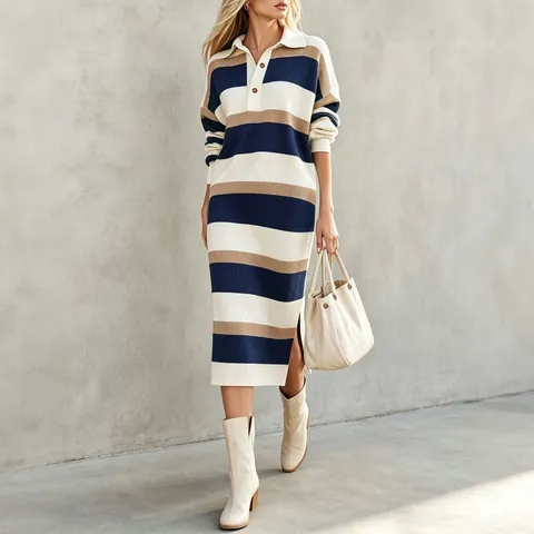 Vestido de Punto Midi con Cuello Polo a Rayas para Mujer Bloques de Color Manga Larga Abertura Lateral Vestido de Suéter Casual Elegante
