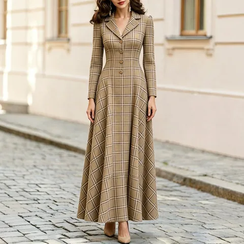 Vrouwen Franse Stijl Geruite Blazer Jurk Lange Mouw Maxi Jurk Herfst Winter Woon-werkverkeer Elegante Revers Jurk