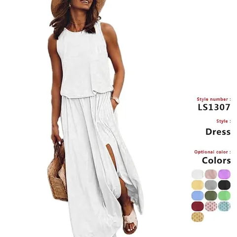 Robe Longue Maxi Sans Manches Col Rond Été Femme Élégante Couleur Unie Fente Latérale Robe en Modal Décontractée Vacances