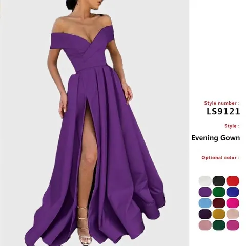 Women Off Shoulder V Neck Satin Evening Dress High Slit Floor Length Prom Party Gown Elegant Maxi Dress For Banquet Wedding