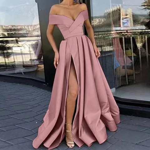 Women Off Shoulder V Neck Satin Evening Dress High Slit Floor Length Prom Party Gown Elegant Maxi Dress For Banquet Wedding
