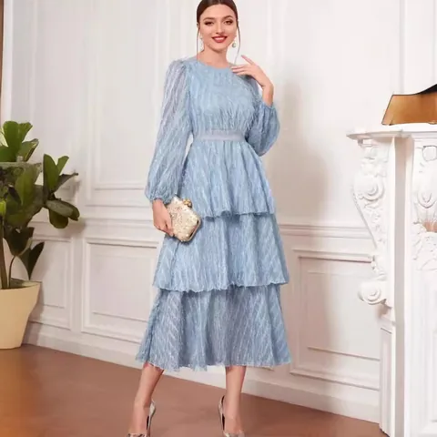 Vestito Midi Vintage in Pizzo Stile Francese per Donna Elegante Fata Vestibilità Aderente Manica Lunga Girocollo Gonna a Balze