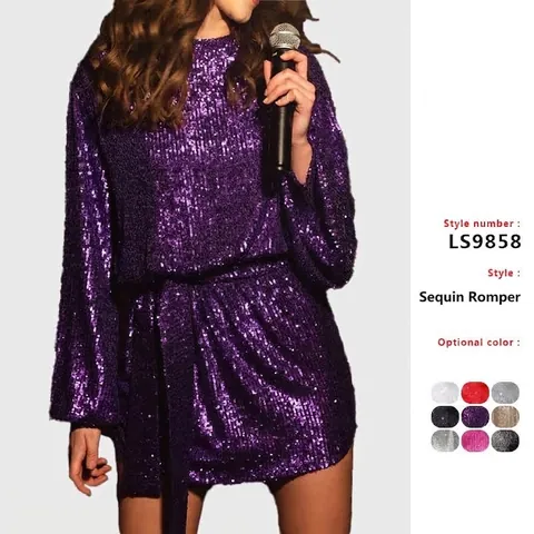 Women Fashion Sequin Long Sleeve Dress Elegant Waist Cinching Mini Party Dress Shiny Sparkle Evening Cocktail Dress