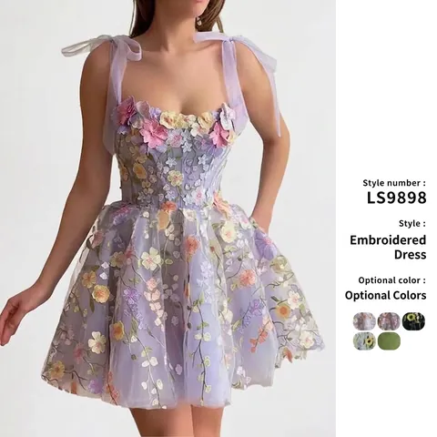 Robe Femme Sexy avec Broderie Florale 3D en Dentelle à Bretelles Spaghetti Élégante Sans Manches avec Nœud pour Fête Soirée