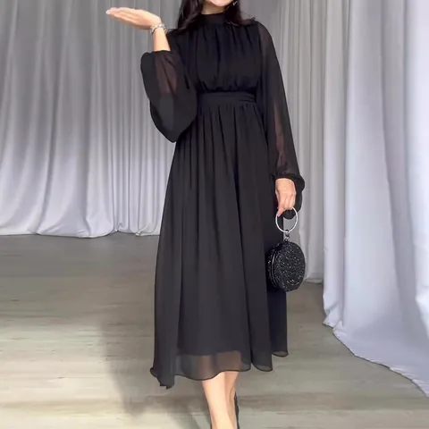 Women Elegant Mesh Patchwork Long Sleeve Maxi Dress Solid Color High Neck Pleated Waist A-Line Party Dress Fashion Outfits