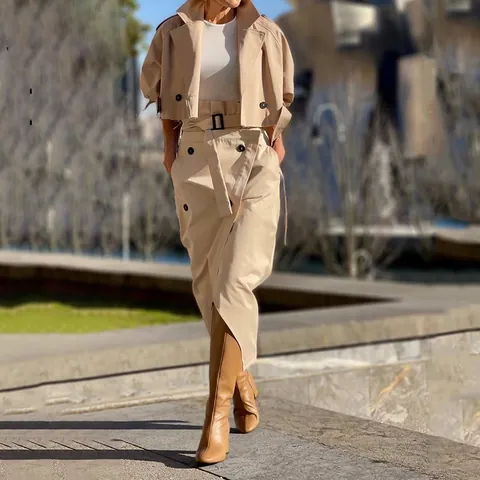 Conjunto de Falda Workwear Casual para Mujer Chaqueta Corta Con Botones y Cinturón y Falda Midi Conjunto de Dos Piezas Elegante