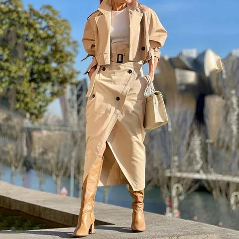 Conjunto de Falda Workwear Casual para Mujer Chaqueta Corta Con Botones y Cinturón y Falda Midi Conjunto de Dos Piezas Elegante