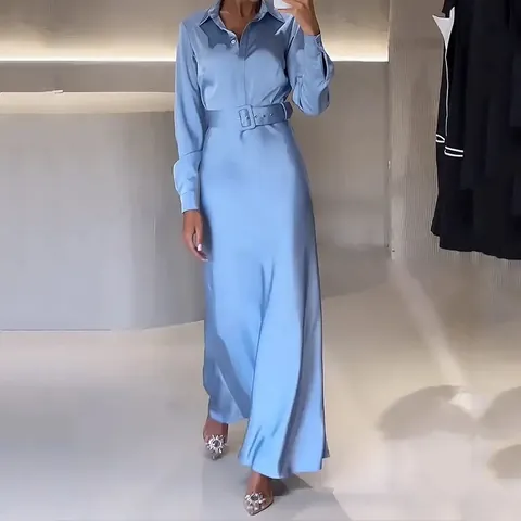Women Satin Long Sleeve Polo Collar Maxi Dress With Belt Elegant Solid Color Slim Fit Mercerized Polyester Party Dress