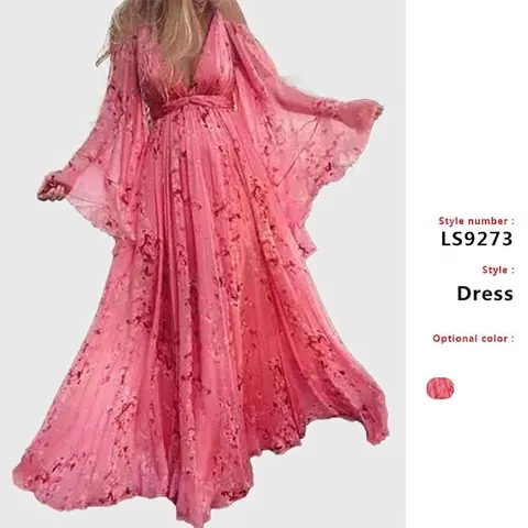 Élégante Robe Longue en Polyester à Fleurs Rose Sexy Col en V Manches Chauve-souris Robe de Maternité Plissée pour Femmes Vacances Fête Photographie