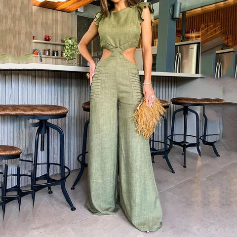 Women Ruffle Sleeve Round Neck Cut Out Wide Leg Jumpsuit Elegant Solid Color Polyester Jumpsuit For Women Lady