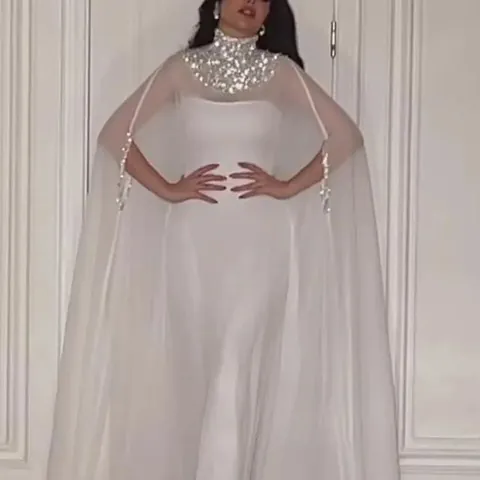 Dames Elegante Pailletten Cape Maxi Jurk Hoge Hals Mouwloos Split Zoom Avondfeest Bodycon Formele Bruidsjurk
