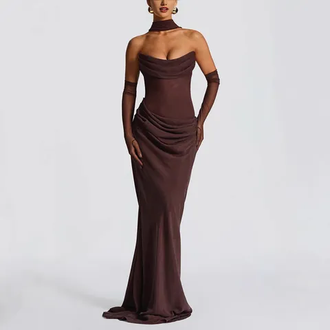 Damen Sexy Gerafft Tube Top Maxi Kleid Ärmellos Schal Detail Drapiert Formal Abend Party Gown Elegant Polyester Kleid