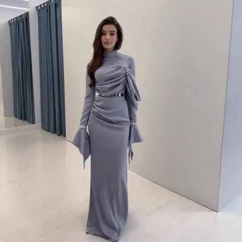 Abito Maxi Plissettato Lunghezza Fino a Terra Stile Europeo Americano da Donna Vestibilità Aderente Manica a Campana Strass