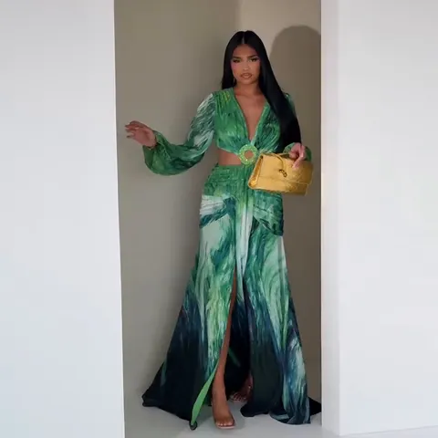 Women V-Neck Long Sleeve Cutout Printed Maxi Dress Elegant Holiday Beach Party High Slit Sexy Aesthetic Long Dress