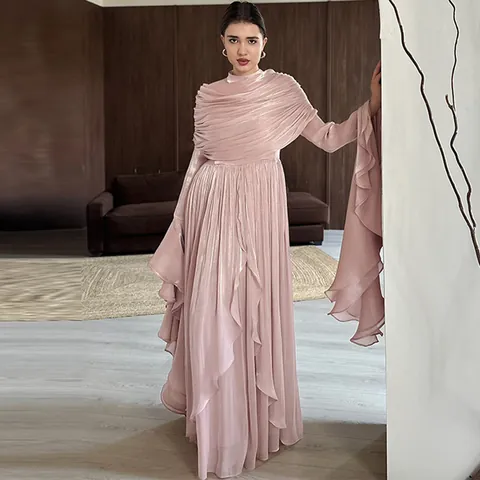 Women Elegant Pleated Maxi Dress Round Neck Long Bell Sleeve Solid Color Floor Length Party Wedding Evening Dress