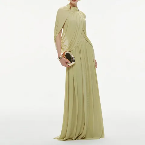 Women's Elegant Round Neck Pleated Chiffon Maxi Dress Sleeveless Slim Fit Cape Style Solid Color Evening Party Long Dress