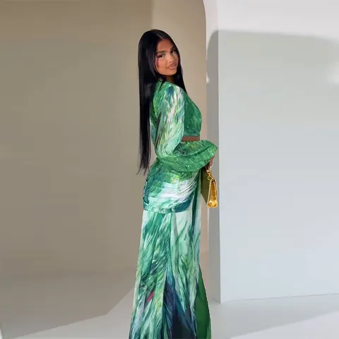 Women V-Neck Long Sleeve Cutout Printed Maxi Dress Elegant Holiday Beach Party High Slit Sexy Aesthetic Long Dress