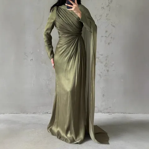 Polyester Pleated Floor-Length Dress Elegant Long Sleeve Slim Fit Maxi Dress For Women Evening Banquet Party Gown